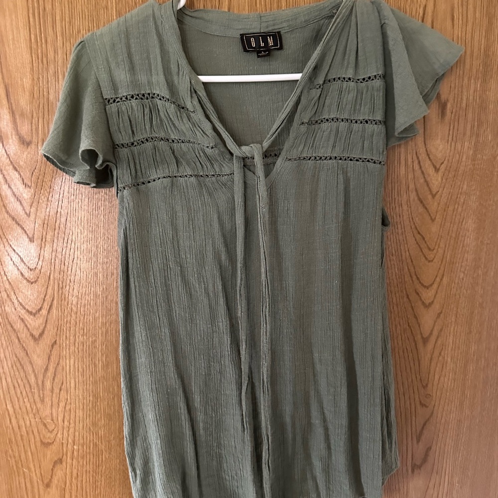 Green Smocked Blouse with Tie Front and Ruffle Sleeves